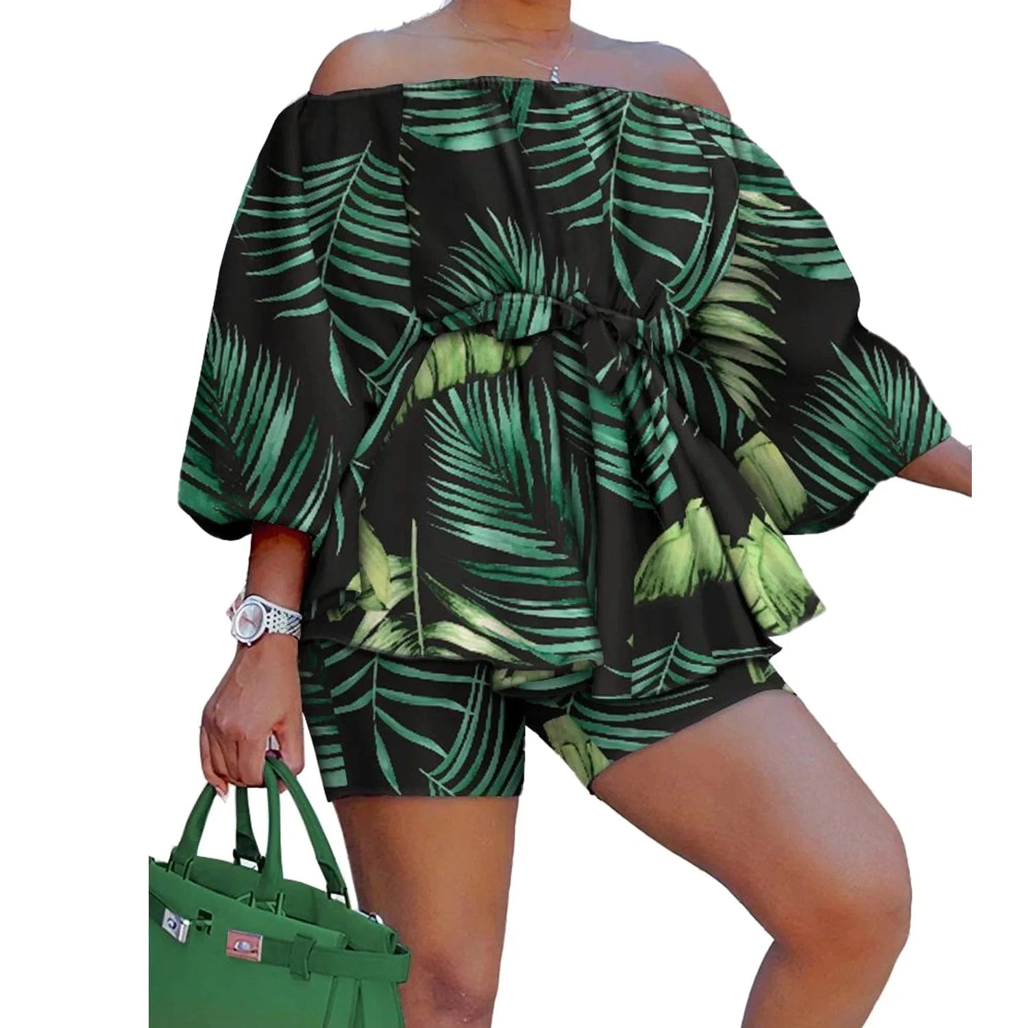 Wholesale Women Plus Size T-shirts Printed Off-neck Belted Top and Shorts Set Women's Summer Casual  Two Pieces Set