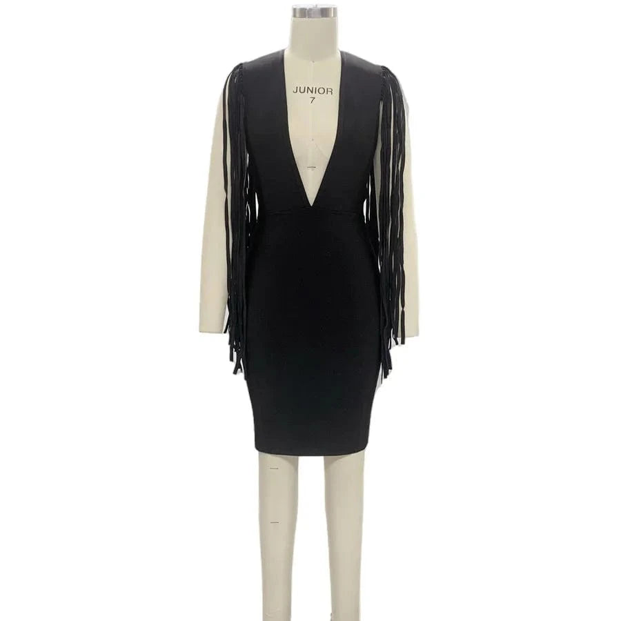 Wholesale Women's Black V Neck Mini Bandage Dress Bodycon Long Tassel Evening Dresses
