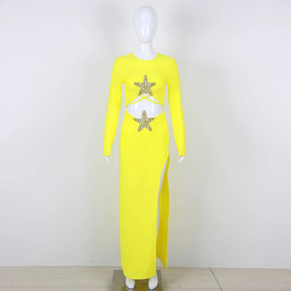 Wholesale Women's Fashion Bandage Beaded Sexy Yellow Two-piece Suit For Party