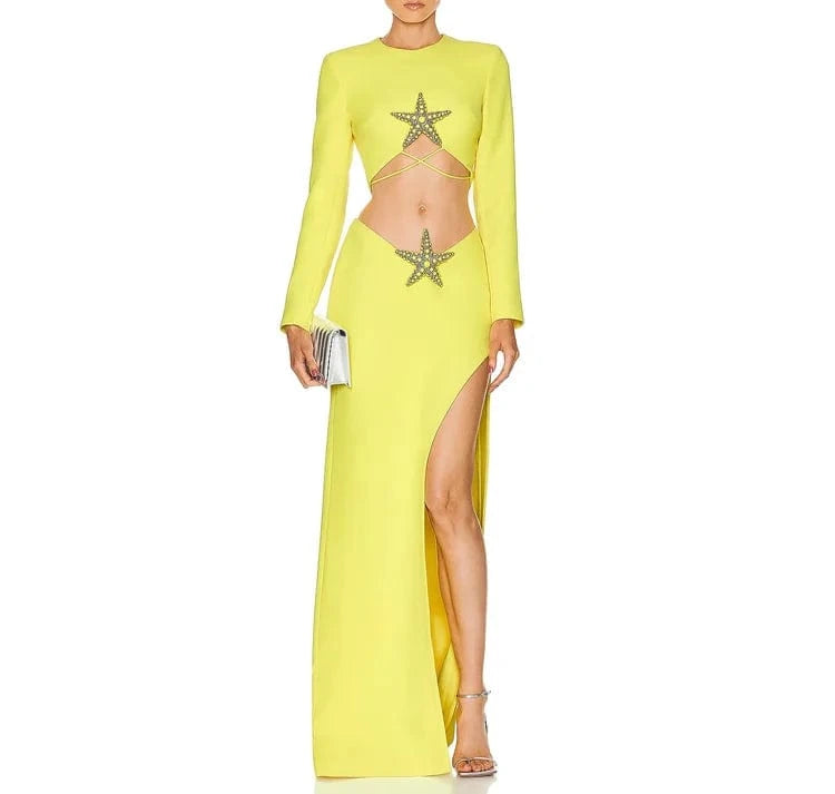 Wholesale Women's Fashion Bandage Beaded Sexy Yellow Two-piece Suit For Party