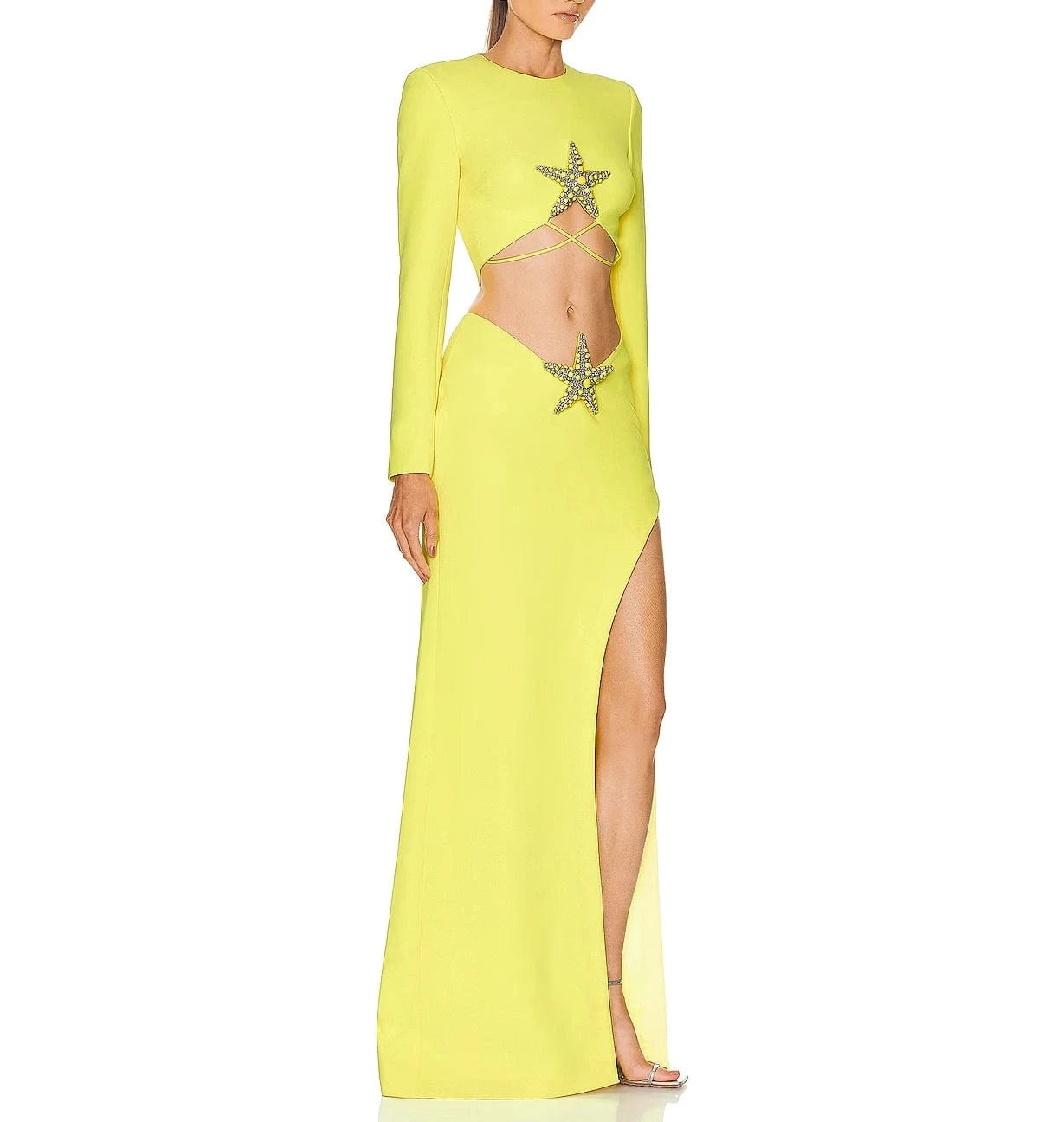 Wholesale Women's Fashion Bandage Beaded Sexy Yellow Two-piece Suit For Party