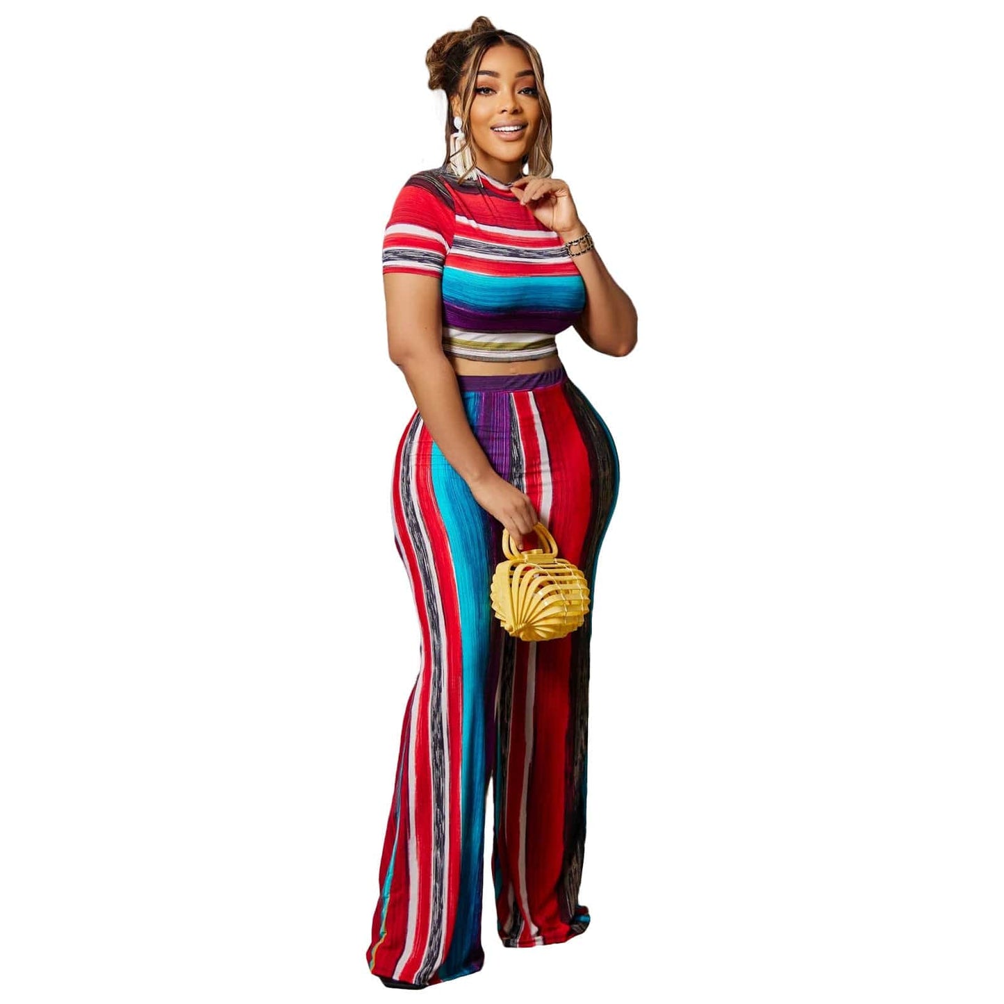 wholesale Women Summer Casual Striped two piece set Short sleeve crop tops woman colourful Wide legged pants sets