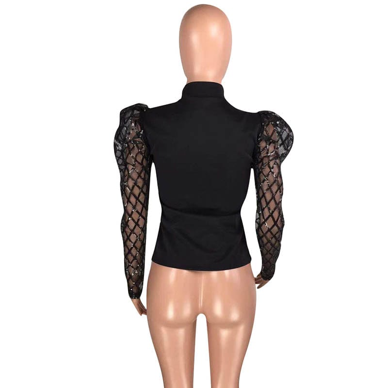 Wholesale Womens Boutique Clothing Air Layer Sequin Mesh Puff Sleeve Top