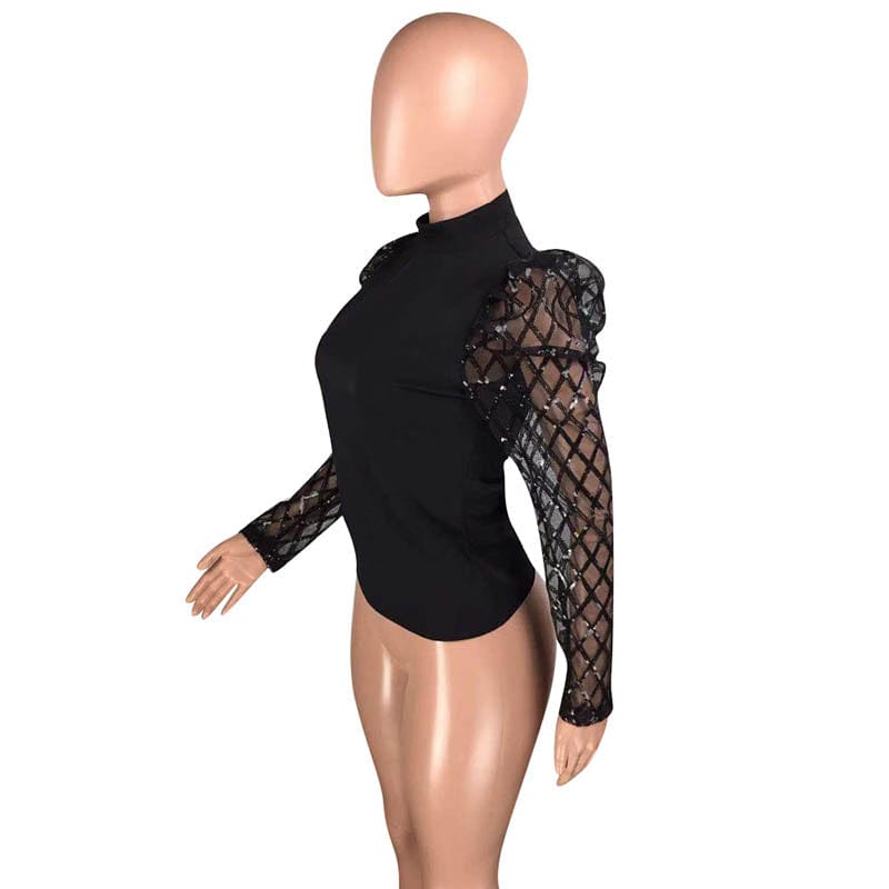 Wholesale Womens Boutique Clothing Air Layer Sequin Mesh Puff Sleeve Top