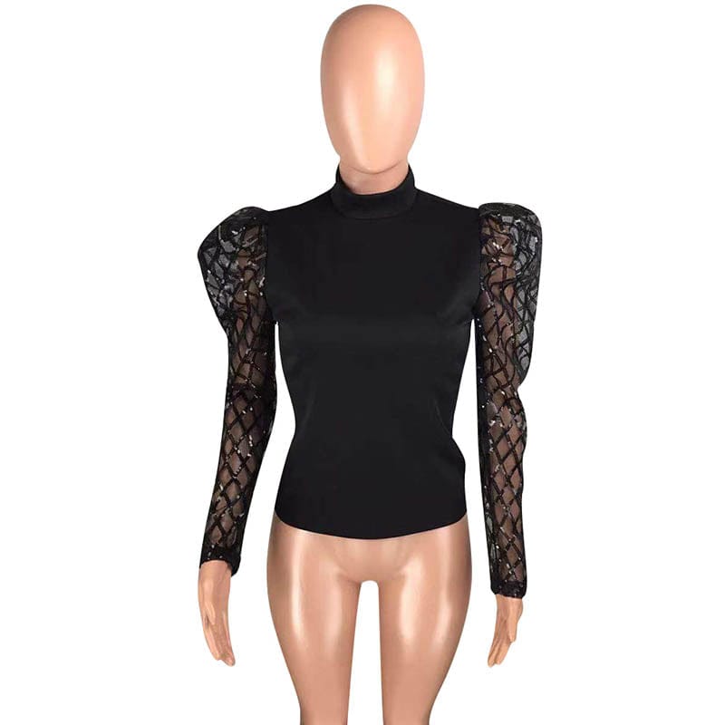 Wholesale Womens Boutique Clothing Air Layer Sequin Mesh Puff Sleeve Top