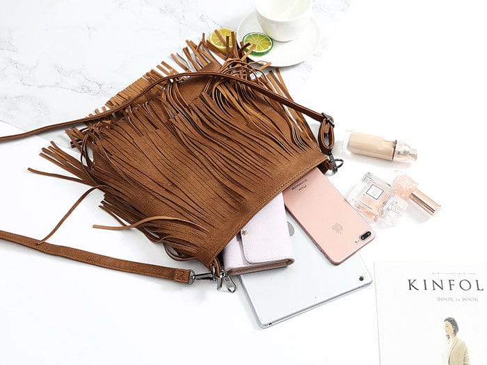 Wholesale Zipper Vintage Women Fringe Tassel Crossbody Bag Faux Vegan PU Leather Shoulder tassel bag