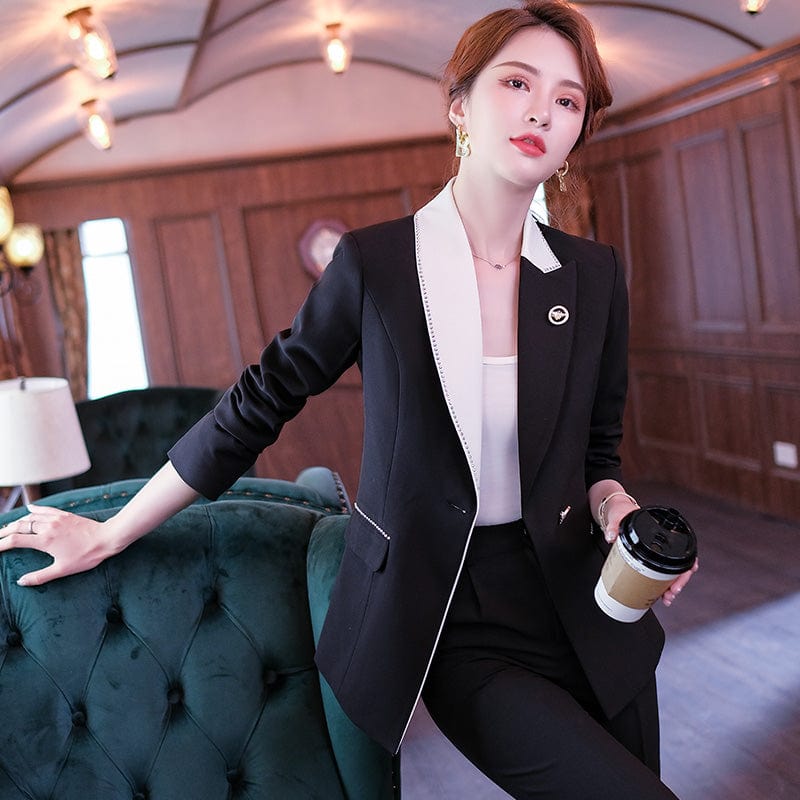 Wholesaler Soft and Comfortable Contrast Collar Pant Suit Women Slim Fashion OEM Style Office Lady Long Sleeve Blazer and Pant
