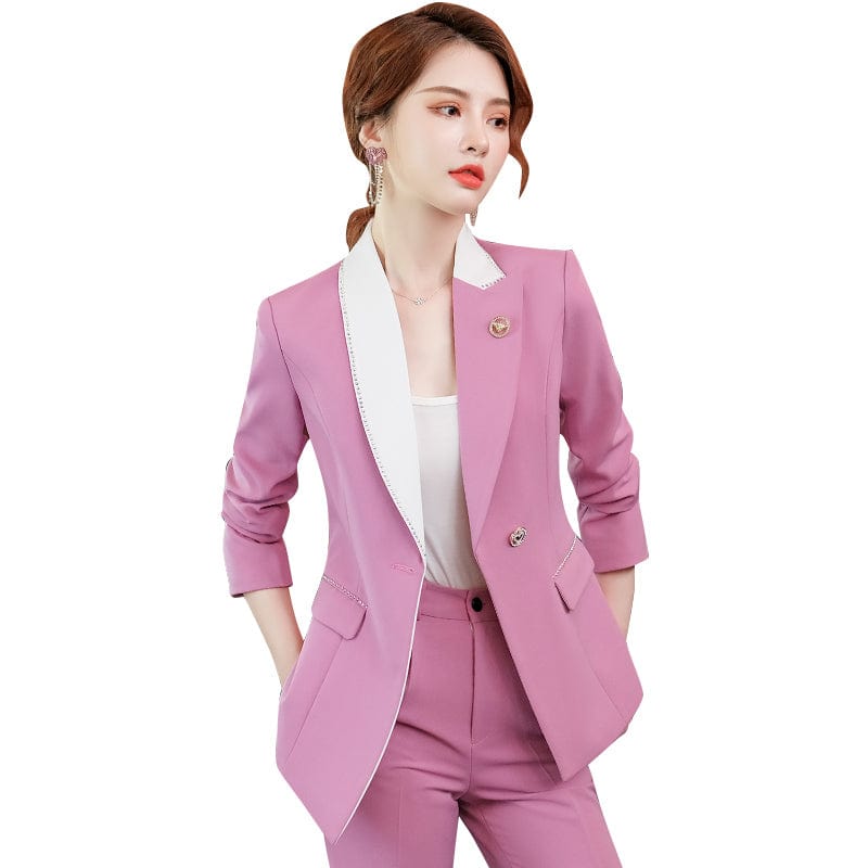 Wholesaler Soft and Comfortable Contrast Collar Pant Suit Women Slim Fashion OEM Style Office Lady Long Sleeve Blazer and Pant