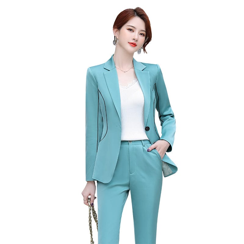 Wholesaler Soft and Comfortable Cyan Pant Suit Women Keep Slim Fashion OEM Style Office Lady Long Sleeve Blazer and Pant
