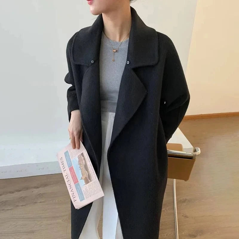 Windproof Belted Cashmere Coat Real Mink Fur Cuffs Long Wool Coat Women With Fox Fur Collar