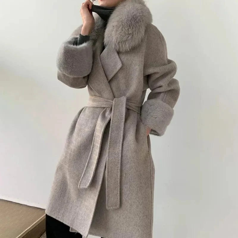 Windproof Belted Cashmere Coat Real Mink Fur Cuffs Long Wool Coat Women With Fox Fur Collar