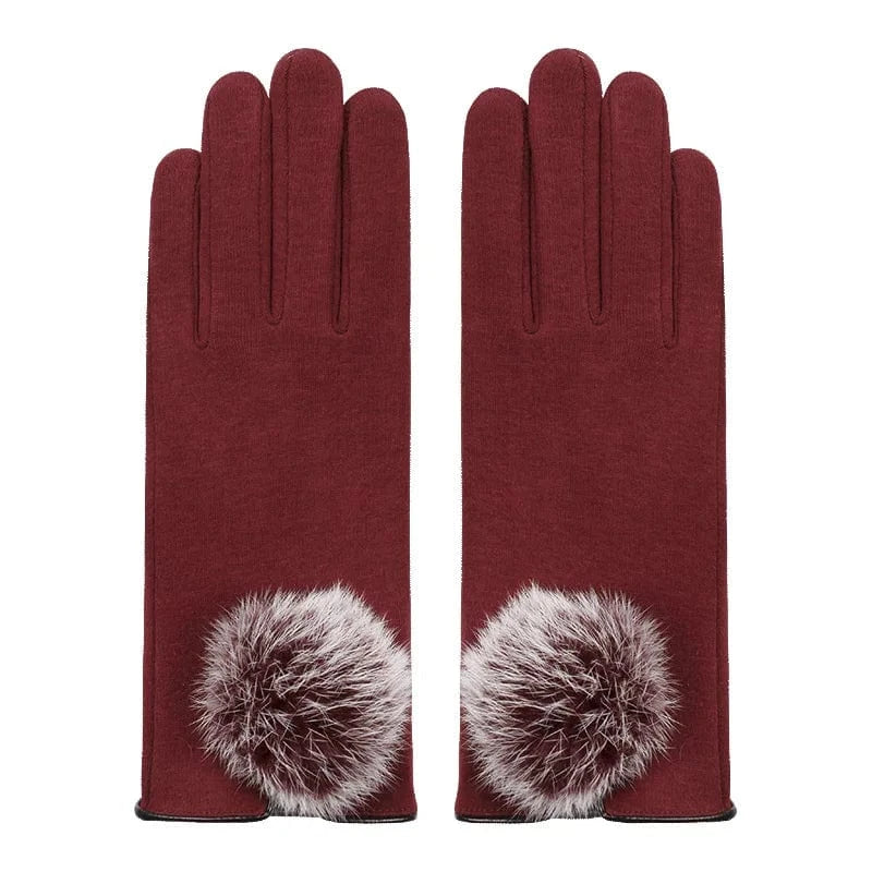 Wine Cheap daily life cute red warm touch screen rabbit fur ball riding women winter gloves