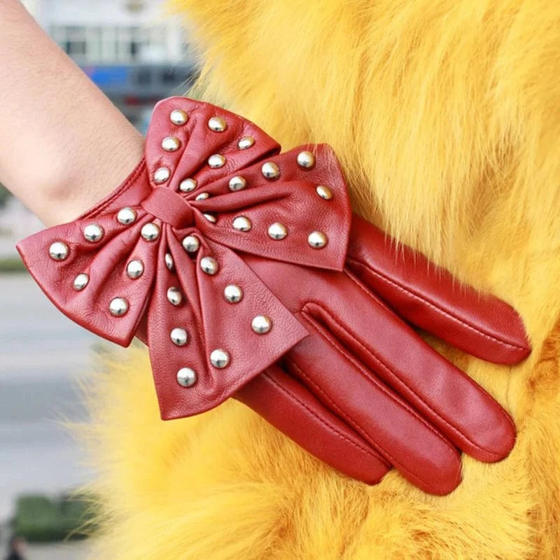 Wine Cute texting Christmas gift women rivet Leather sheepskin gloves with bow