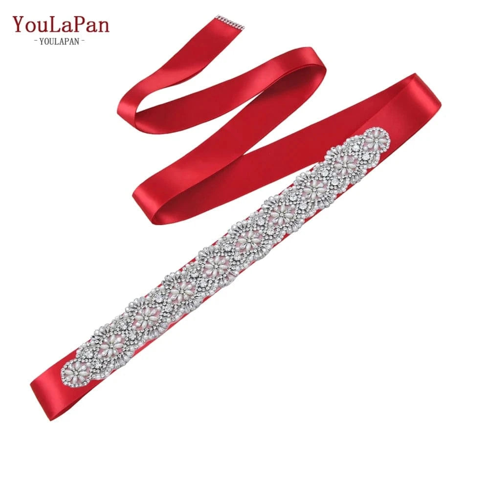 Wine red Ribbon YouLaPan S04C Rhinestone Party Dress Belt Luxury Bridal Sash Ribbon For Ladies Evening Dress Bridal Jewelry Belt