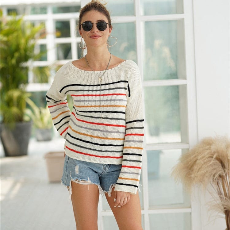 Wingtumarket fall knitted sweaters pullover striped black white drop shoulder oversized sweater women