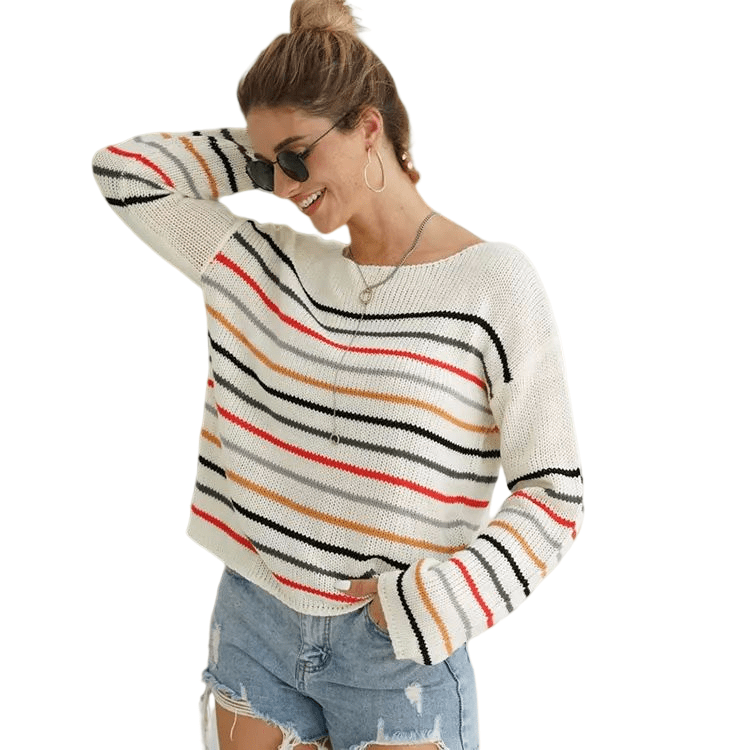 Wingtumarket fall knitted sweaters pullover striped black white drop shoulder oversized sweater women