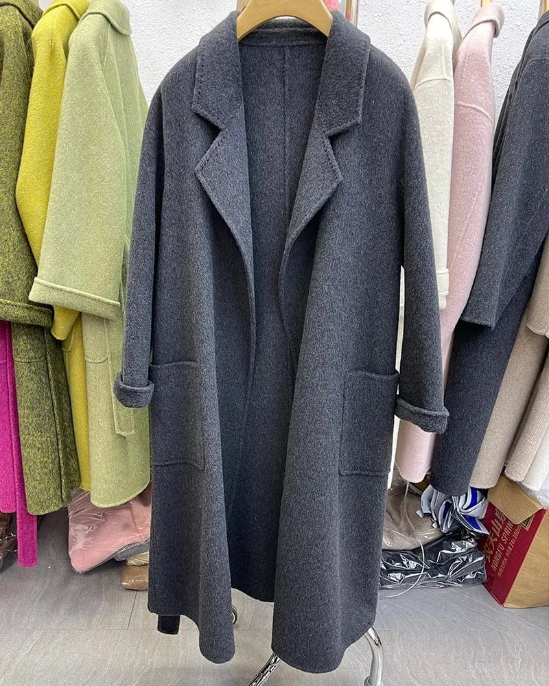 Winter Belted Long Wool Coat Elegant Handmade Overcoat Long Cashmere Coat for Women