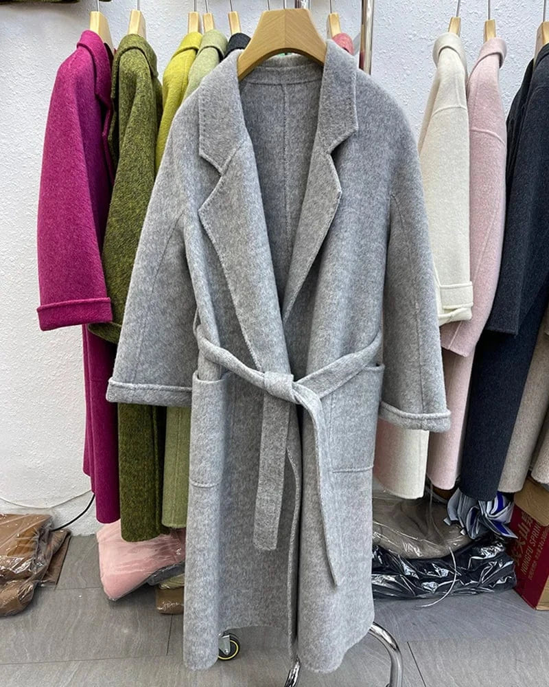 Winter Belted Long Wool Coat Elegant Handmade Overcoat Long Cashmere Coat for Women