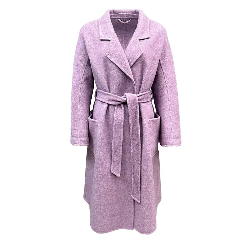 Winter Belted Long Wool Coat Elegant Handmade Overcoat Long Cashmere Coat for Women