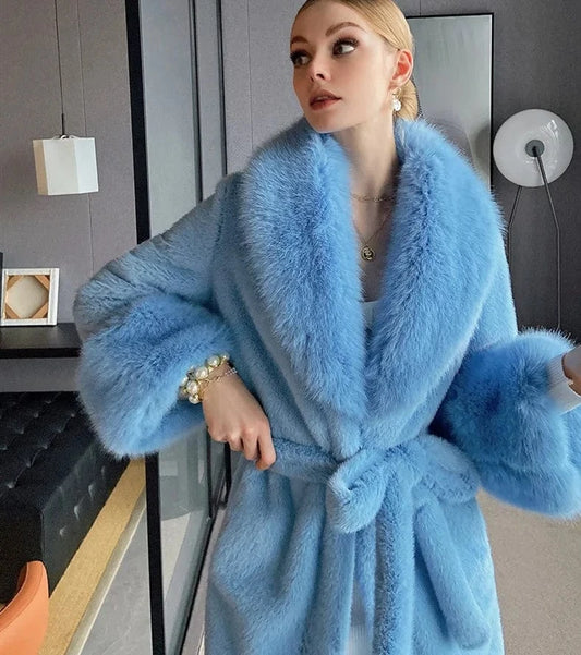 Winter Fashion 2022 Plus Size warm Mink Fur Trench Long Coat With Fur Lapel and Cuff Faux Fur Trim Jacket For Women Winter Coat
