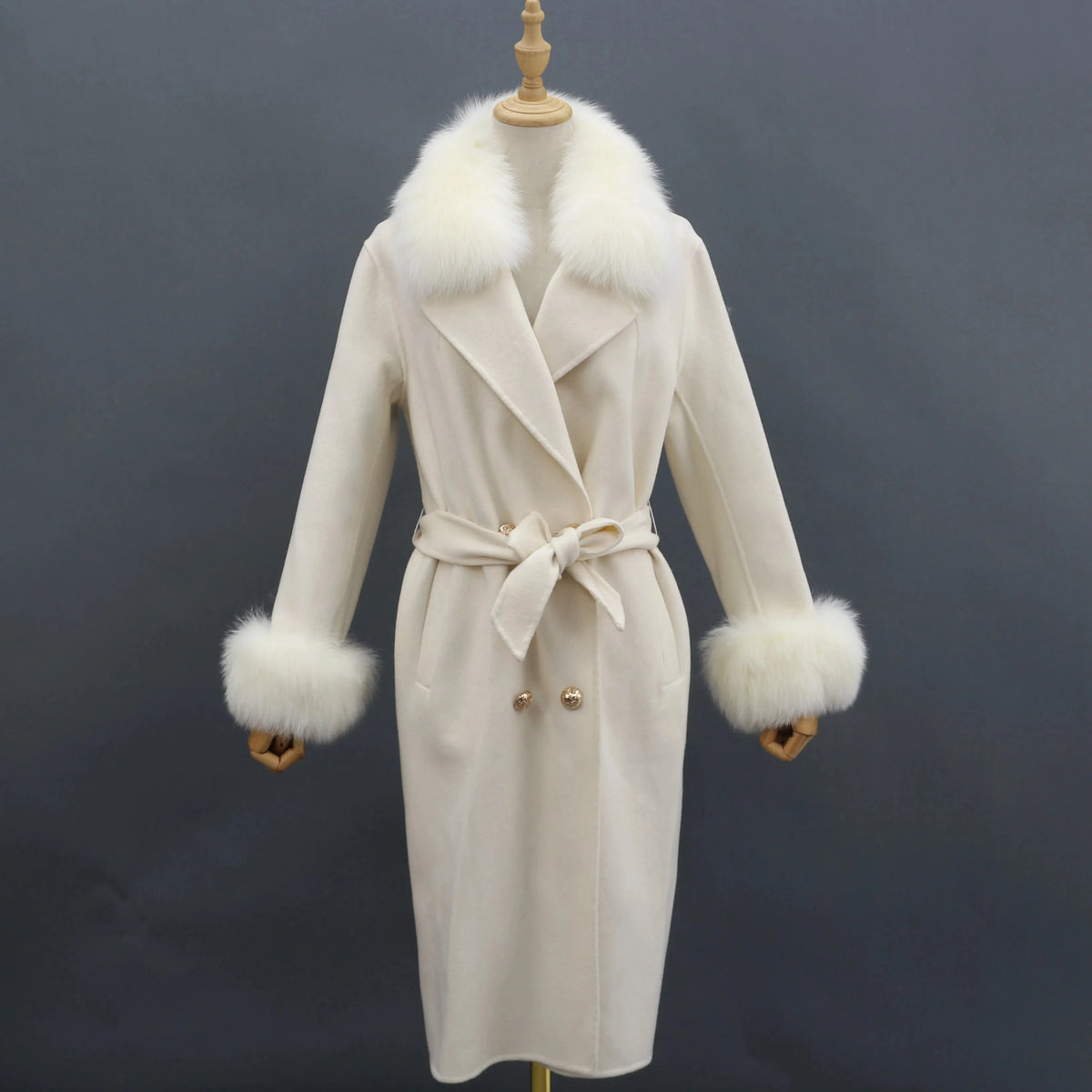 Winter Fashion Cashmere Coat With Fox Fur Collar wholesale Wool Fur Coat Women
