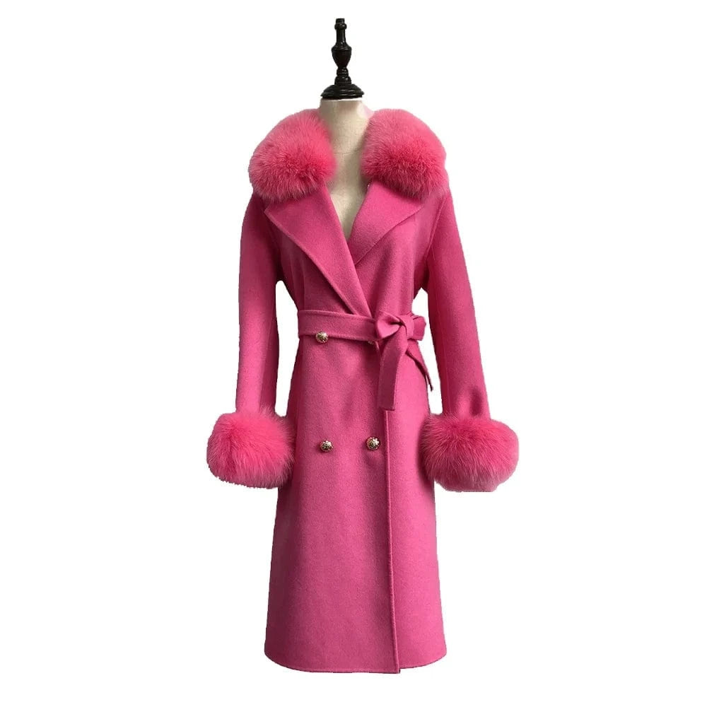 Winter Fashion Cashmere Coat With Fox Fur Collar wholesale Wool Fur Coat Women
