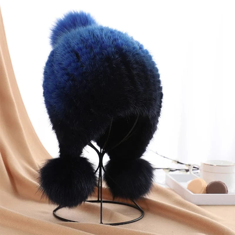 Winter fashion earflap pom ball women knitted mink fur hats