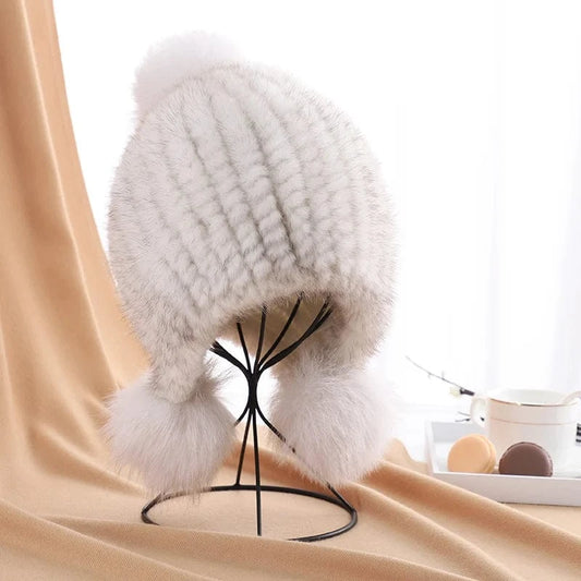 Winter fashion earflap pom ball women knitted mink fur hats