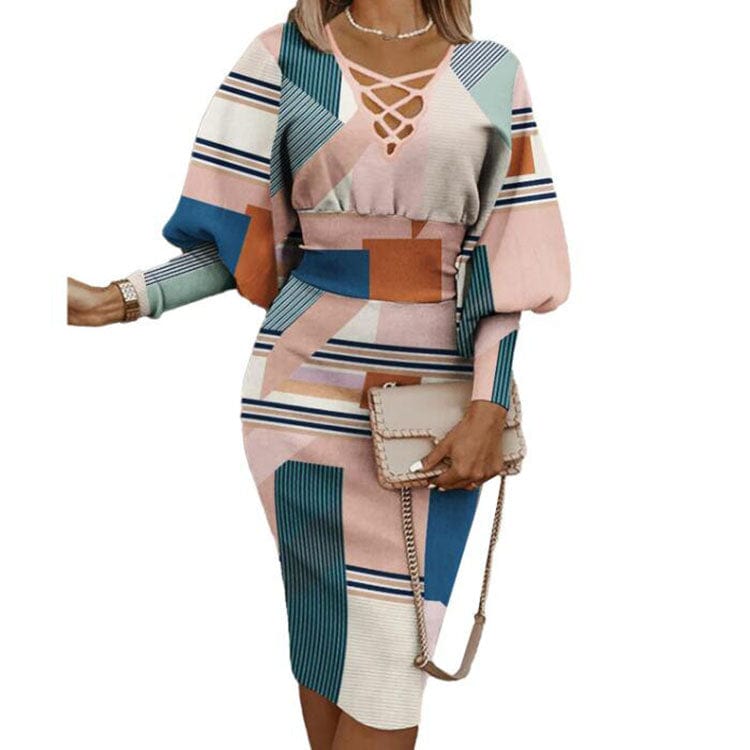 Winter Fashion Print Dress Women Sexy V-Neck Long Sleeve Pencil Dress Elegant Temperament Slim Dress Women