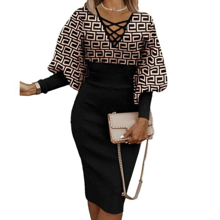 Winter Fashion Print Dress Women Sexy V-Neck Long Sleeve Pencil Dress Elegant Temperament Slim Dress Women