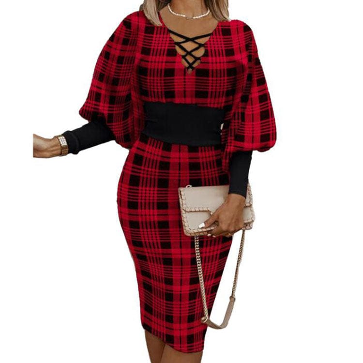 Winter Fashion Print Dress Women Sexy V-Neck Long Sleeve Pencil Dress Elegant Temperament Slim Dress Women