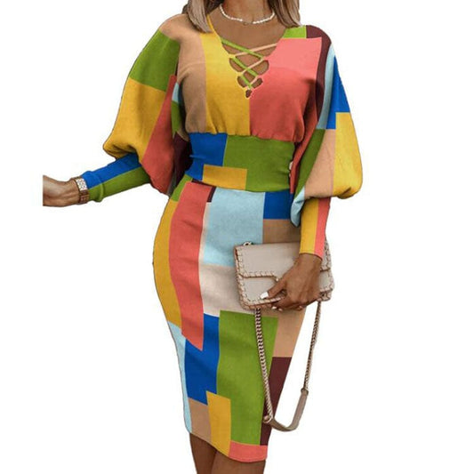 Winter Fashion Print Dress Women Sexy V-Neck Long Sleeve Pencil Dress Elegant Temperament Slim Dress Women