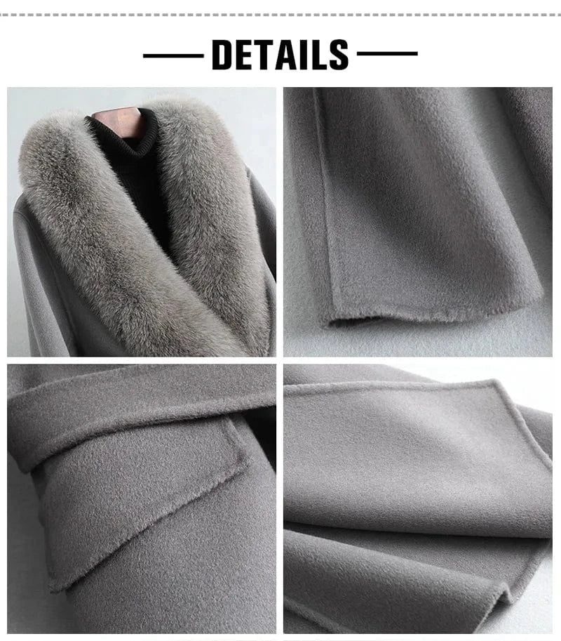 Winter Gray Black Solid Color Winter Women Wool Cashmere Long Coat with Fox Fur Collar
