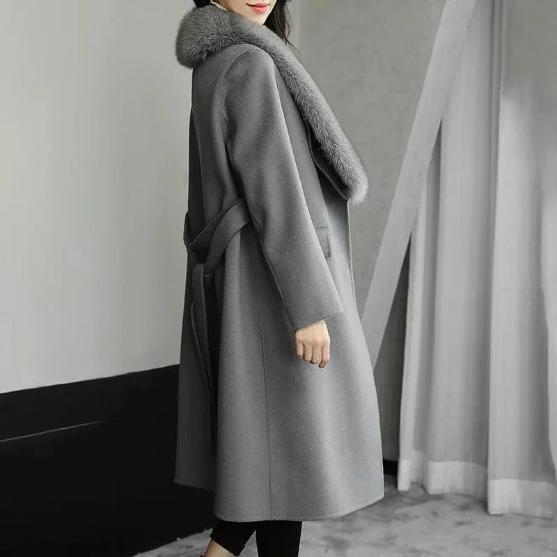 Winter Gray Black Solid Color Winter Women Wool Cashmere Long Coat with Fox Fur Collar