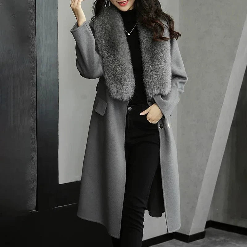 Winter Gray Black Solid Color Winter Women Wool Cashmere Long Coat with Fox Fur Collar