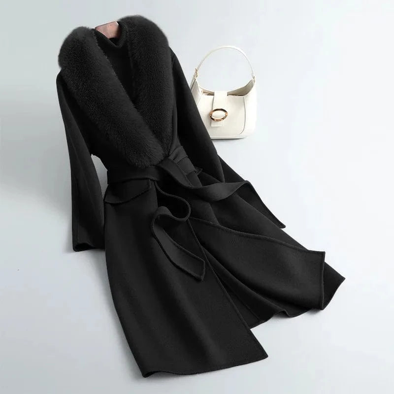 Winter Gray Black Solid Color Winter Women Wool Cashmere Long Coat with Fox Fur Collar