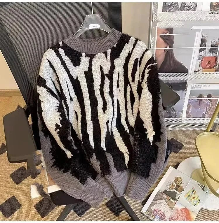 Winter Harajuku Women's Sweater Loose Pullovers Ladies Zebra Chic Knitted Sweaters