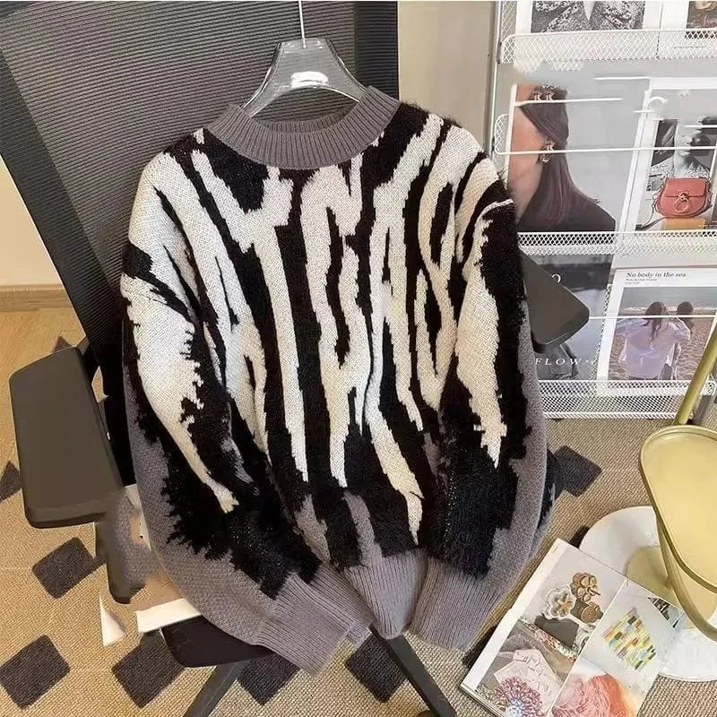Winter Harajuku Women's Sweater Loose Pullovers Ladies Zebra Chic Knitted Sweaters