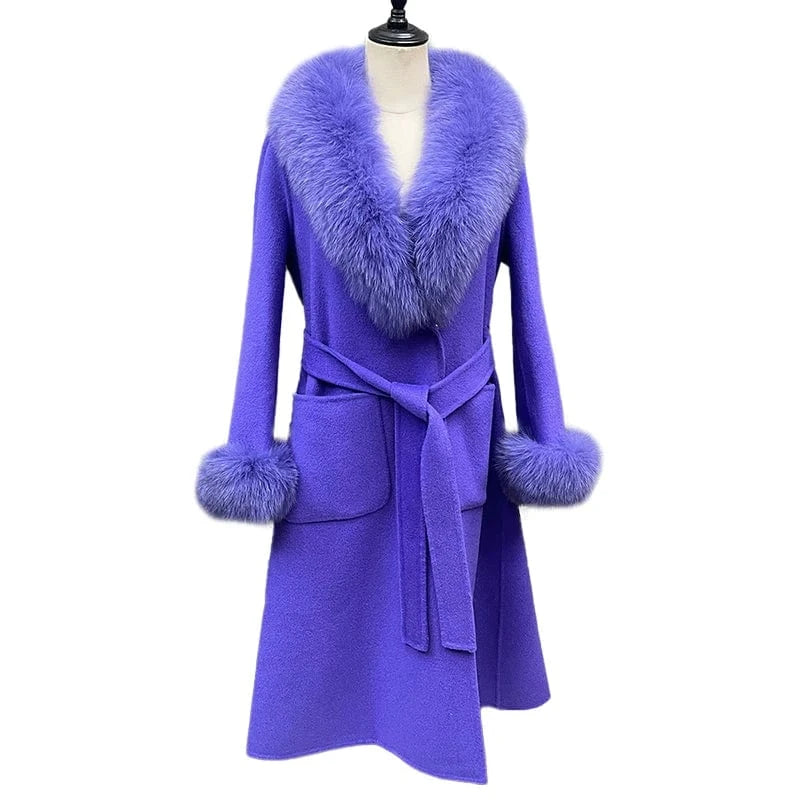 Winter Long Wool Coats Women Luxury Belted Cashmere Coat with Real Fox Fur Collar Cuffs