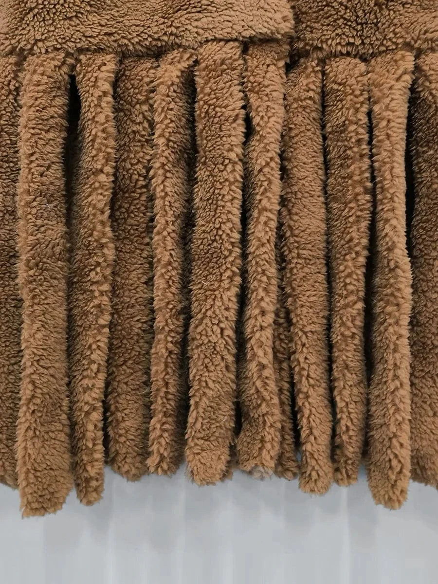 Winter luxury designer warm teddy faux fur long coat for ladies elegant jacket tassel fringe women coat