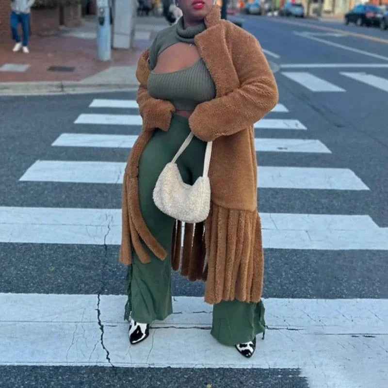 Winter luxury designer warm teddy faux fur long coat for ladies elegant jacket tassel fringe women coat