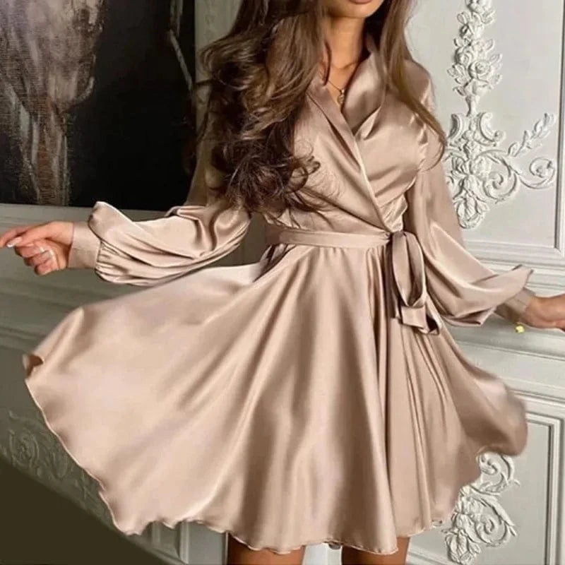 Winter new solid color satin lace-up elegant commuting long sleeve V-neck women's short dress