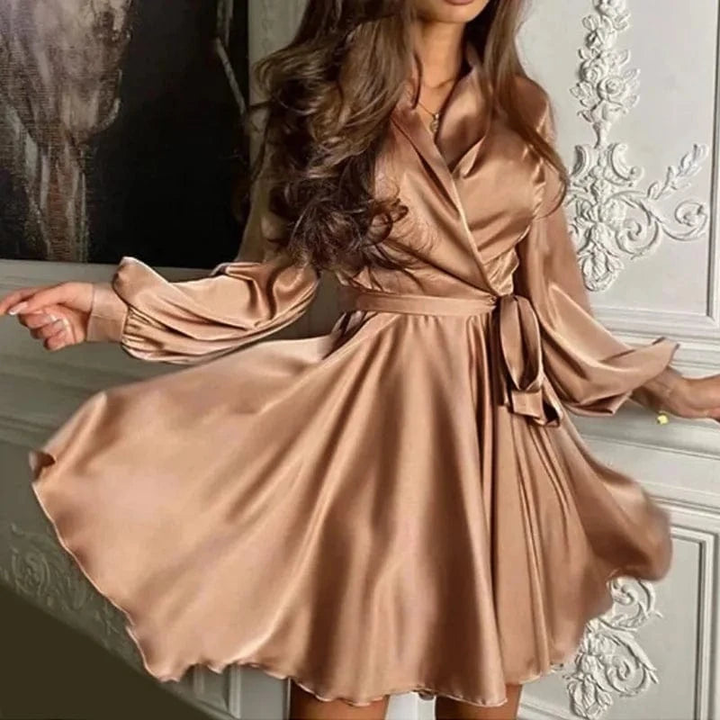 Winter new solid color satin lace-up elegant commuting long sleeve V-neck women's short dress