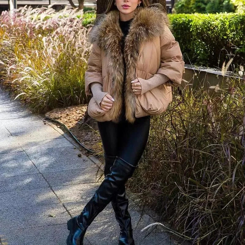 Winter New Women Puffer Down Jacket Ladies Real Fur Coat Short Silver Fox Fur Collar Trim Duck Down Coat