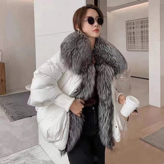Winter New Women Puffer Down Jacket Ladies Real Fur Coat Short Silver Fox Fur Collar Trim Duck Down Coat