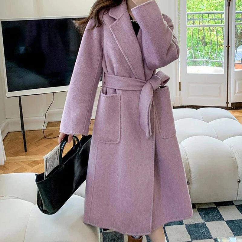 Winter Oversized Long Wool Coat Women Pink Double Faced Cashmere Coat with Belt