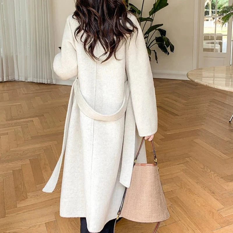 Winter Oversized Long Wool Coat Women Pink Double Faced Cashmere Coat with Belt