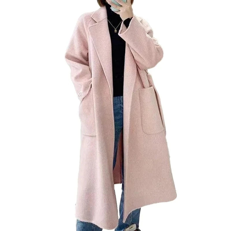 Winter Oversized Long Wool Coat Women Pink Double Faced Cashmere Coat with Belt