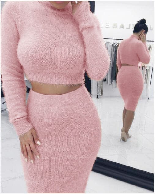 winter Pure color turtleneck long sleeve plush crop top female two piece sweater skirt for women