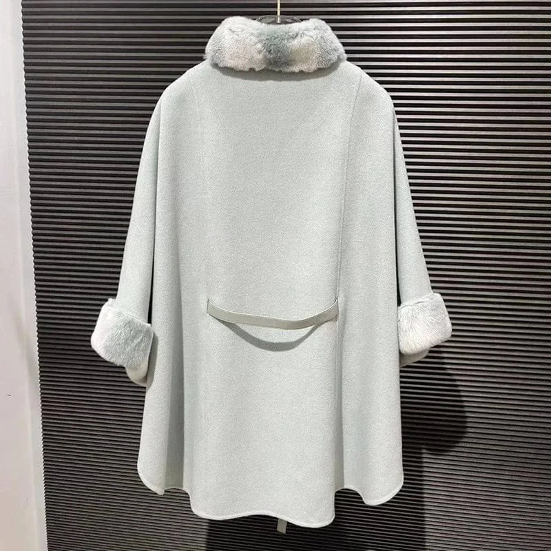 Winter Rex Rabbit Fur Collar Cape Soft Wool Shawl Elegant Women Designer Poncho